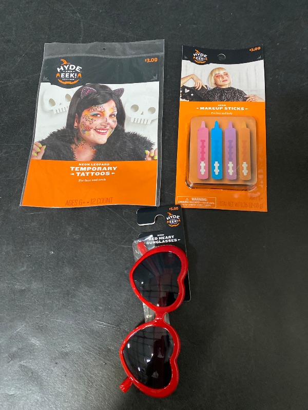 Photo 1 of 3 Item Seasonal & Party Supplies Bundle | 1 Heart Glasses, 4 Neon Makeup Sticks, Neon leopard Temp Tattoos