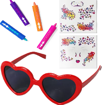 Photo 1 of 3 Item Seasonal & Party Supplies Bundle | 1 Heart Glasses, 4 Neon Makeup Sticks, Neon leopard Temp Tattoos