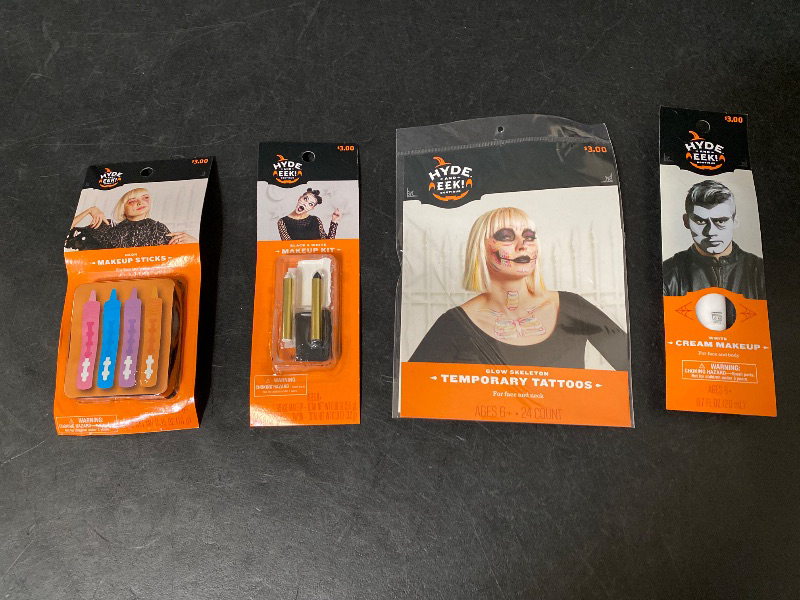 Photo 1 of 4 Item Seasonal & Party Supplies Bundle | 1 Heart Glasses, Glow Skeleton Temp Tattoos, Black / White Makeup Kit, White Cream Makeup