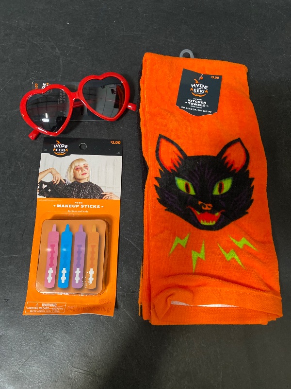 Photo 1 of 3 Item Seasonal & Party Supplies Bundle |4 CT. Neon Makeup Kit, 1 Heart Glasses, 2 Pack Kitchen Towels