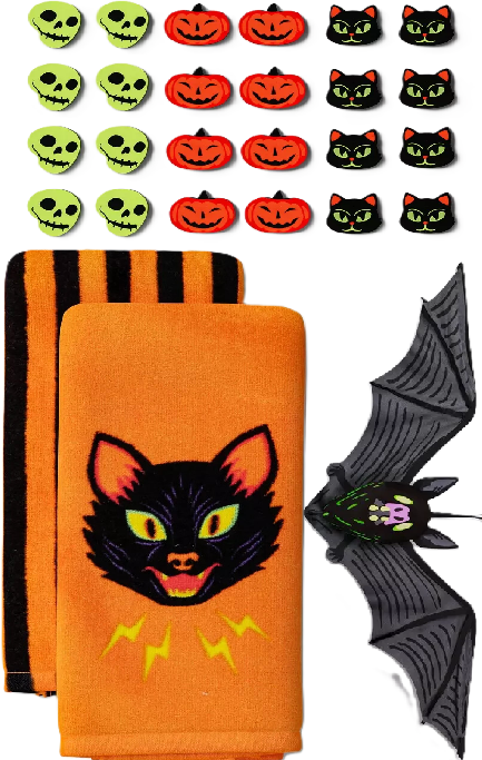 Photo 1 of 3 Item Seasonal & Party Supplies Bundle |24 Erasers, 22" Hanging Bat Halloween Decorative Prop, 2 Kitchen Towels