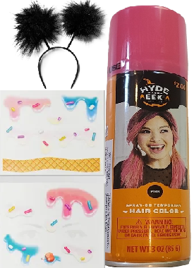 Photo 1 of 3 Item Seasonal & Party Supplies Bundle | 3 OZ. Pink Hair Color Spray, Ice Cream Temp Tattoos, Pom Pom Headband