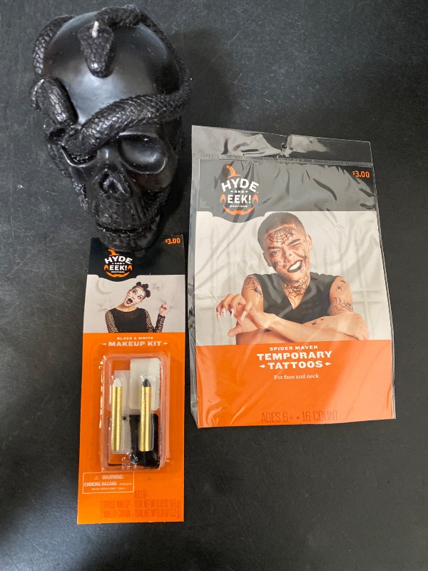 Photo 1 of 3 Item Seasonal & Party Supplies Bundle | Skull and Snake Candle Black, Black/White Makeup Kit, Spider Mayhem Temp Tattoos
