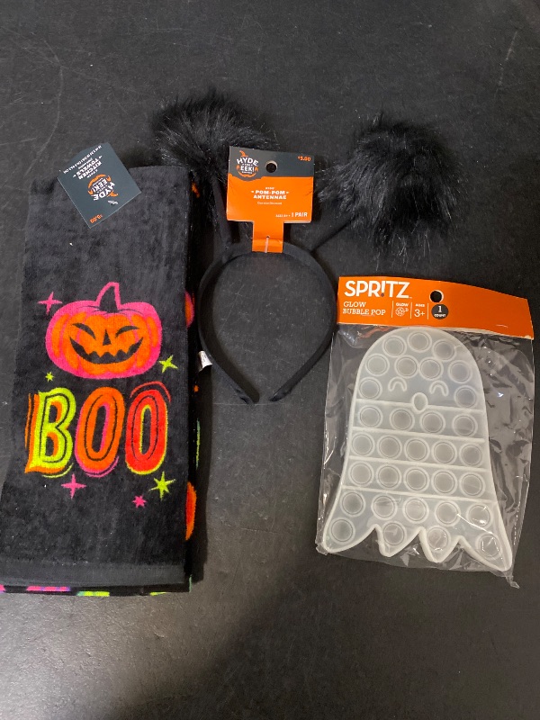 Photo 1 of 3 Item Seasonal & Party Supplies Bundle | Pom Pom Antennae Halloween Costume Headwear, 2 Kitchen Towels, 1 Ghost Glow Bubblepop