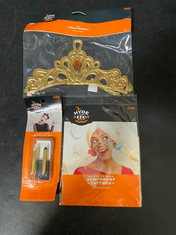 Photo 1 of 3 Item Seasonal & Party Supplies Bundle | Black And White Makeup Kit, Gold Princess Crown Halloween Accessory, Ice Cream Melt Halloween Tattoo Makeup Kit