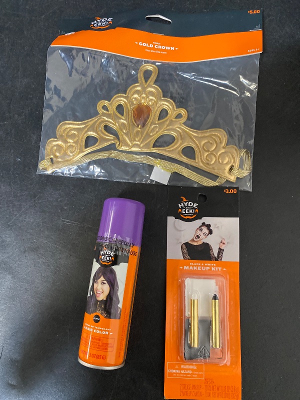 Photo 1 of 3 Item Seasonal & Party Supplies Bundle | Black/White Makeup Kit, Gold Crown Costume Accessory, Purple Temp Hair Color Spray