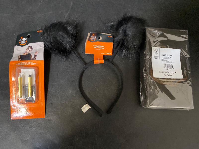 Photo 1 of 3 Item Seasonal & Party Supplies Bundle | Pom Pom Antennae Halloween Costume Headwear, 20 CT. Napkins Black, Black/White Makeup Kit