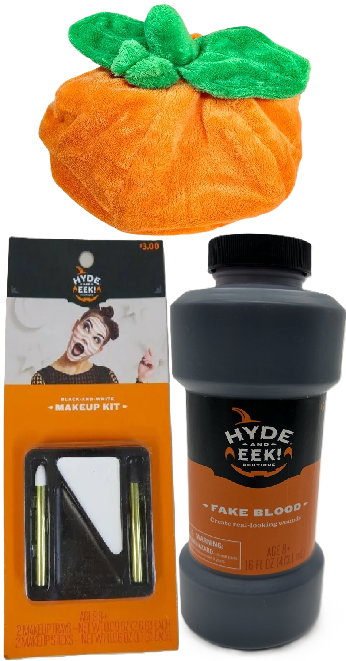 Photo 1 of 3 Item Seasonal & Party Supplies Bundle | Toddler Pumpkin Halloween Costume Pullover, 16 OZ. Fake Blood, Black/White Makeup Kit