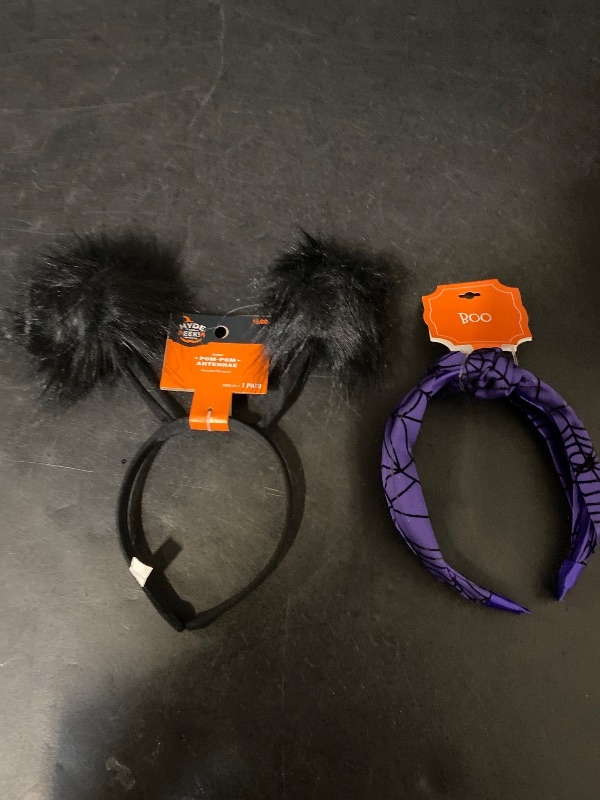 Photo 1 of 2 Item Seasonal & Party Supplies Bundle | Pom Pom Antennae Halloween Costume Headwear, Spider Web Top Knot Headband Purple