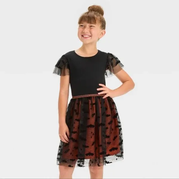 Photo 1 of S 6/7 Girls' Short Sleeve Tulle Halloween 'Bats' Dress Black - Cat & Jack