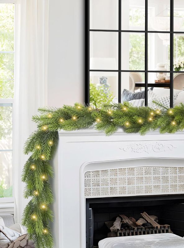 Photo 1 of 15 ft  Pine Garland Christmas with Light Winter Artificial Faux Greenery Garland for Table Mantle Stairs Fireplace Wall Decor Indoor Home Decorations