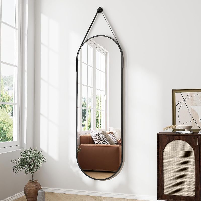 Photo 1 of Full Length Mirror, Oval Wall Mounted Mirror, 47"x16" Door Mirrors Full Length with Hanging Leather Strap with Aluminum Frame for Bathroom Living Room Entryway (Black)