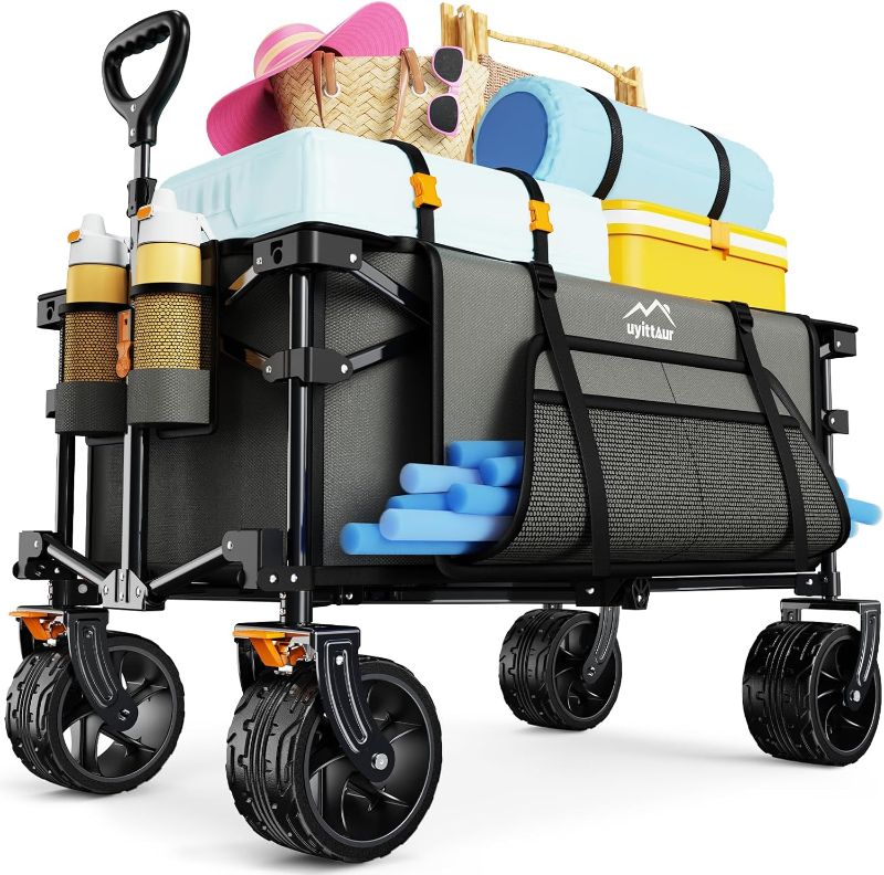 Photo 1 of Collapsible Wagon Cart Heavy Duty Foldable, Folding Beach Wagon with Big Wheels for Sand, Utility Grocery Cart with Side Pocket and Brakes for Camping Sports Outdoor Activities, Grey