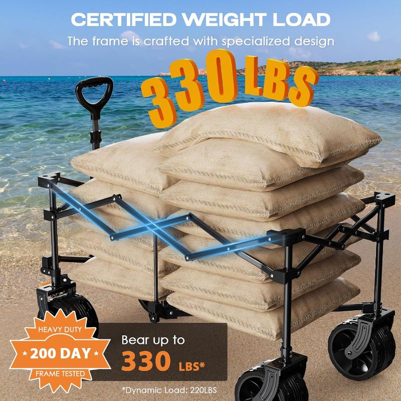 Photo 1 of Collapsible Wagon Cart Heavy Duty Foldable, Folding Beach Wagon with Big Wheels for Sand, Utility Grocery Cart with Side Pocket and Brakes for Camping Sports Outdoor Activities, Grey