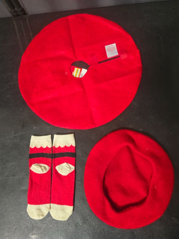 Photo 1 of 3 Pack Items - 1 Mini Tree Skirt, 1 Beret, 1 Pair Of Little Kid Socks 