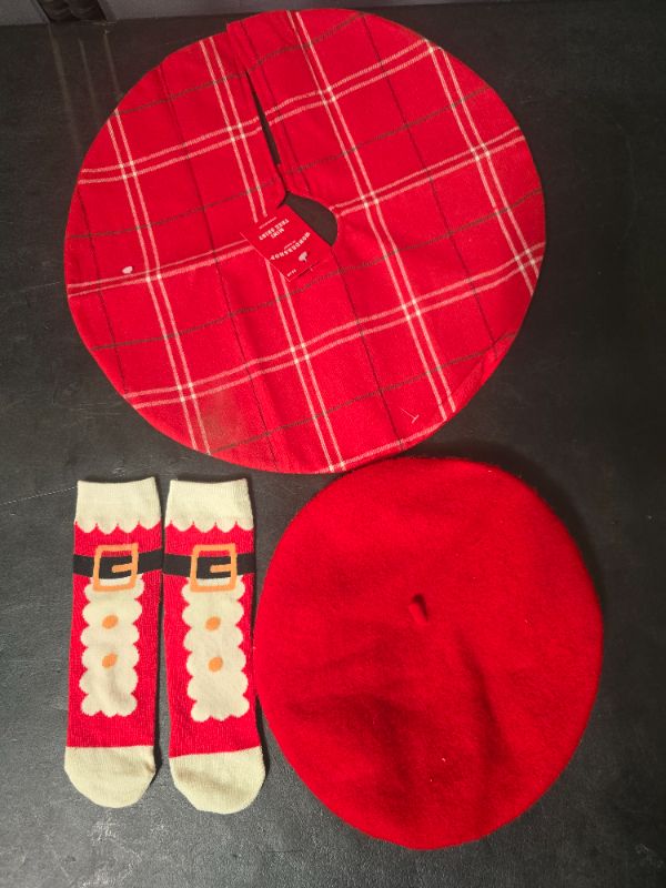 Photo 1 of 3 Pack Items - 1 Mini Tree Skirt, 1 Beret, 1 Pair Of Little Kid Socks 
