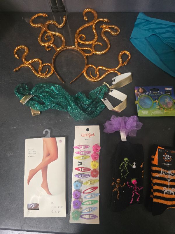 Photo 1 of 8 Pc Miscellaneous Bundle - Medusa Costume Accessories, Encanto Glasses & Hair Clip, 2 S 5-10 Halloween Socks, 1 XL Stockings,  3p Kids Socks,1 Set Hair Barrettes  