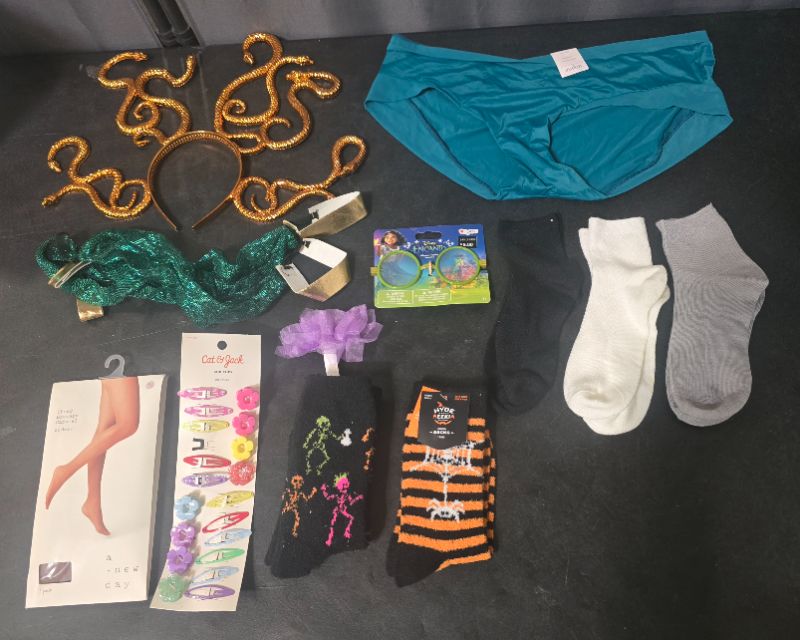 Photo 1 of 8 Pc Miscellaneous Bundle - Medusa Costume Accessories, Encanto Glasses & Hair Clip, 2 S 5-10 Halloween Socks, 1 XL Stockings,  3p Kids Socks,1 Set Hair Barrettes  