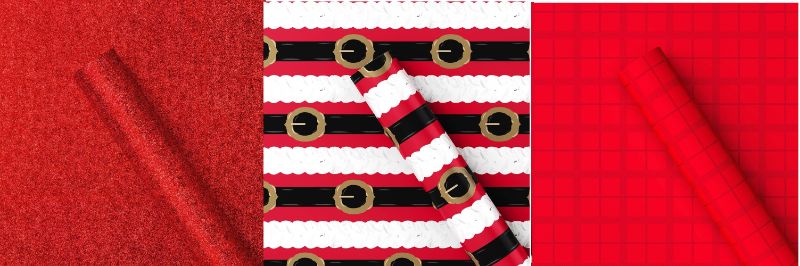 Photo 1 of 3 Pack Red Gift Wrapping Paper - Santa Belt 50Sq Ft , Plaid  25 Sq Ft , Glittered  20 Sq Ft