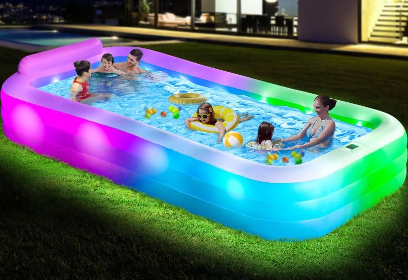Photo 1 of Large Inflatable Pool with Lights - 145'' X 74'' X 22'', Thickened 0.6mm Blow Up Pool with Seat Backrest, 7 Color Changes Oversized Swimming Pool for Family Backyard Party Summer(Pump Included)