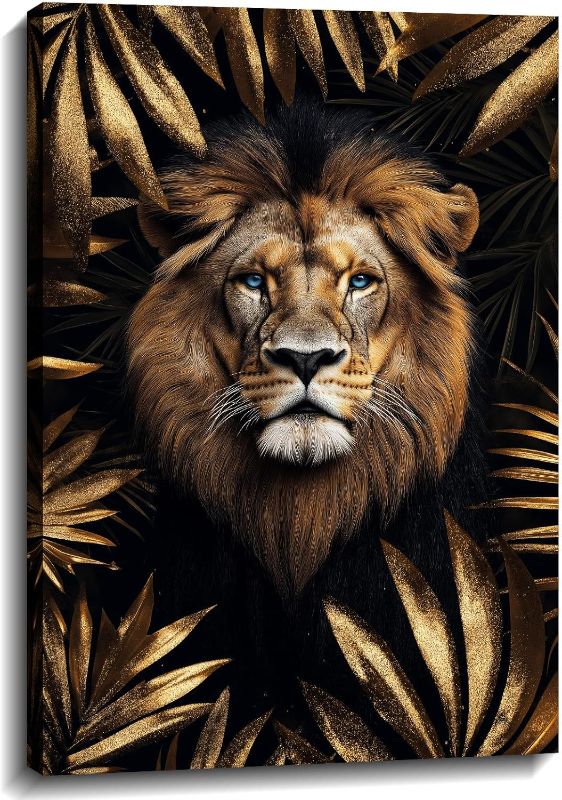 Photo 1 of Lion Canvas Wall Art Gold Leaves Picture Black Poster African Theme Jungle Animal Painting Prints for Living Room Bathroom Bedroom Modern Home Office Decor Framed(Lion-2,12.00x18.00 inch)
