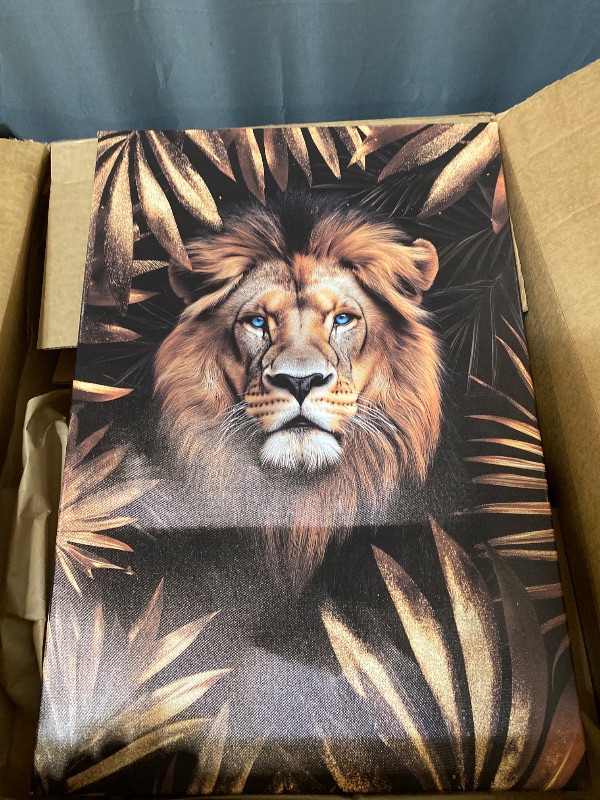 Photo 1 of Lion Canvas Wall Art Gold Leaves Picture Black Poster African Theme Jungle Animal Painting Prints for Living Room Bathroom Bedroom Modern Home Office Decor Framed(Lion-2,12.00x18.00 inch)
