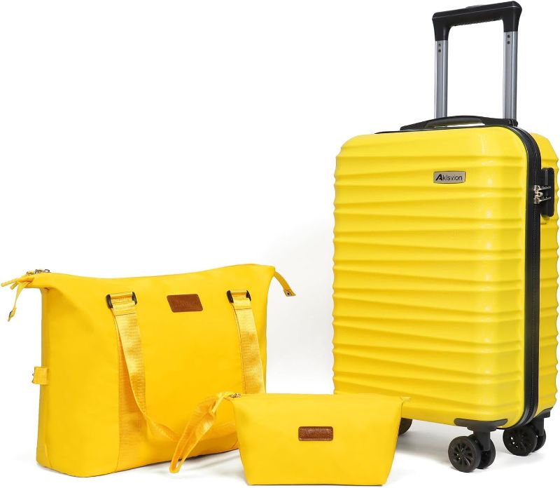 Photo 1 of (Yellow) Luggage Set 3 Piece Luggage Set ABS hardshell Spinner Wheels Luggage Carry on Suitcase with Weekender bag & Toiletry bag