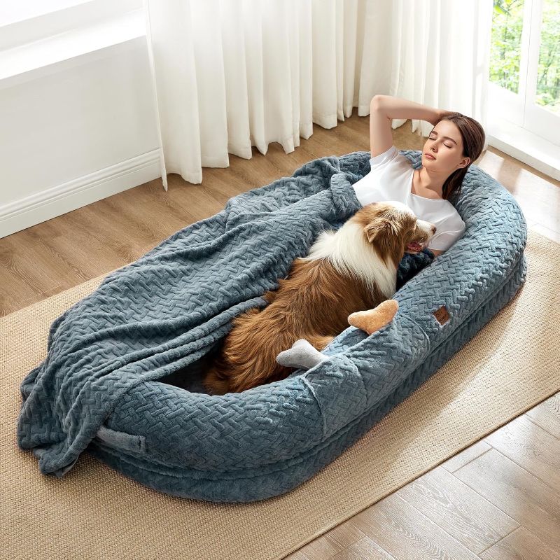 Photo 1 of Human Dog Bed for Adult - Luxury Faux Fur Giant Size Dog Bed with Portable Handle, Egg Orthopedic Foam Bed with Blanket, 72"x40"x10", Grayish Blue