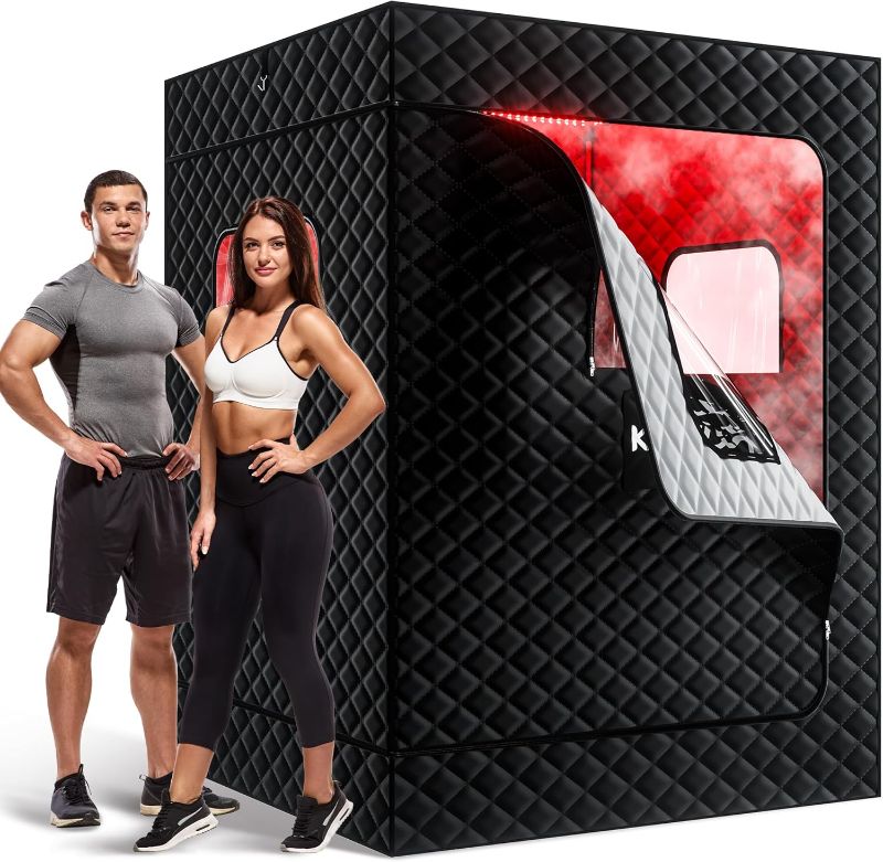 Photo 1 of Upgraded 2 Person Portable Infrared Sauna Box with 5-Layer Waterproof, 2 Steamers, 2 Folding Chair for Spa, Indoor, Outdoor, Gym, Pilates, 71”x 36”x 49”, Black-2 Person