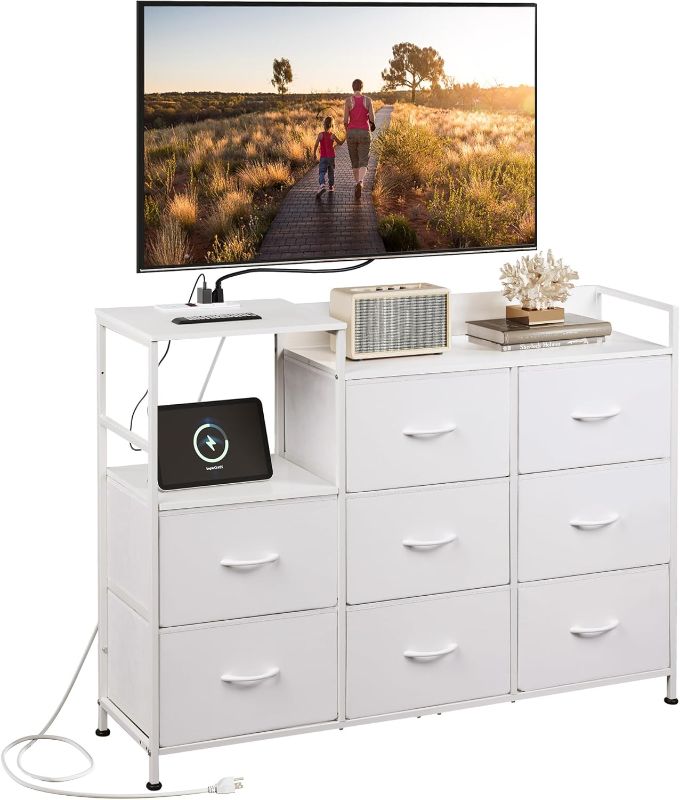 Photo 1 of WLIVE White TV Stand with Charging Station, Entertainment Center with 8 Fabric Drawer, TV Media Console Table Open Storage Shelves, Wood Top for Living Room, Hallway