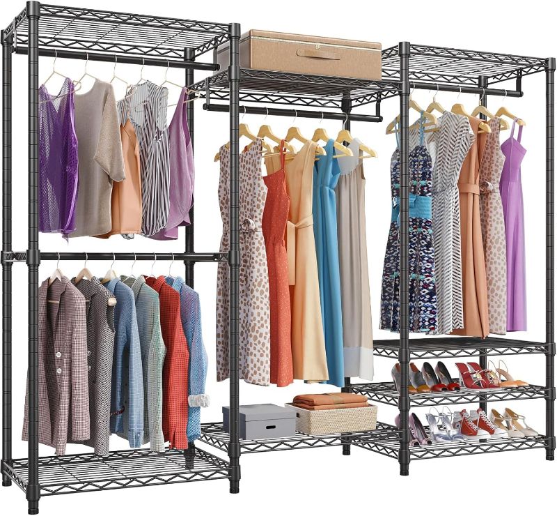 Photo 1 of Portable Closet Wardrobe Heavy Duty Clothes Rack, Freestanding Clothing Rack with 4 Hang Rods & 8 Shelves, Adjustable Closet Racks, 68.9" L x 15.7" W x 76.4" H, Max Load 890LBS, Black