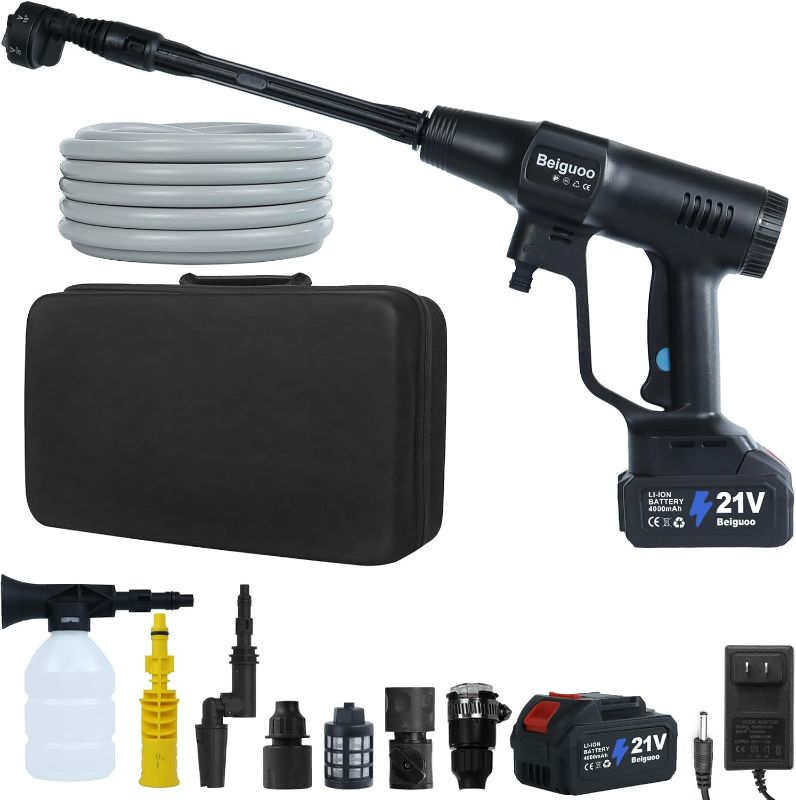 Photo 1 of Cordless Pressure Washer 1450 PSI, Cordless Power Washer Gun, 2 4000mAH Battery Operated Power Pressure, Portable High Pressure Washer with 6-in-1 Nozzel for Car/Floor/Fence/Sidewalk, Black