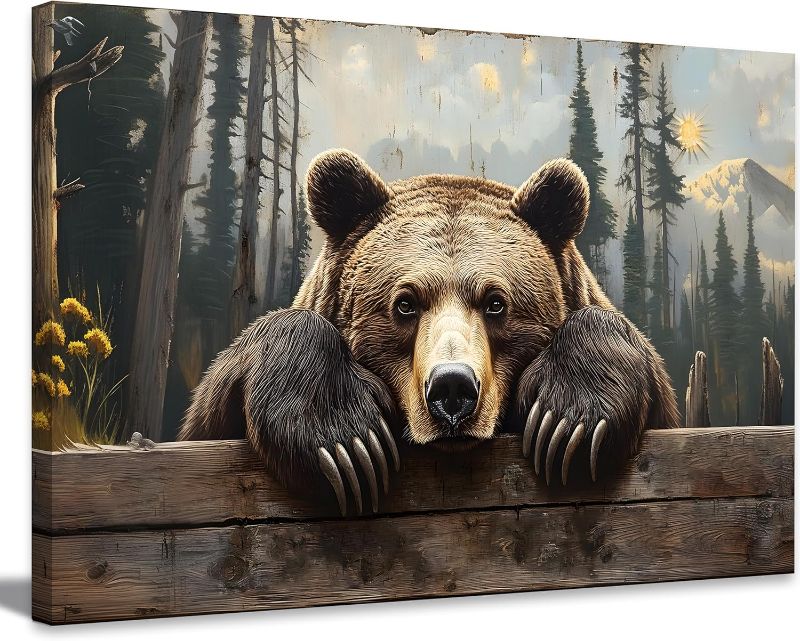 Photo 1 of Nature Forest Bear Canvas Wall Art Wild Animals Forest Painting Picture Wall Decor Brown Bear in the Moutain Posters Print Artwork for Bathroom Bedrooms Living Rooms Home Decor