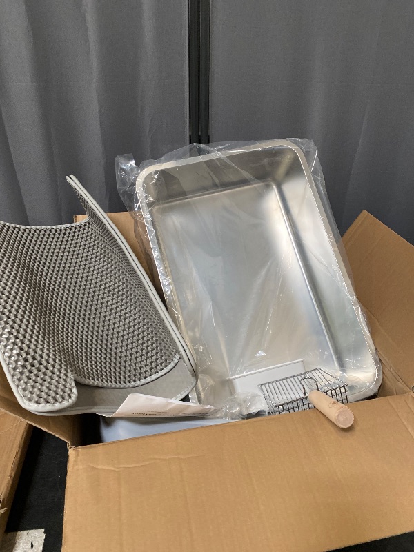 Photo 1 of Stainless Steel Cat Litter Box with Scoop, Metal Litter Box High Sided, Cat Litter Box Enclosure, XL Extra Large High-Sided Litter Boxs (Anti-Urine Leakage, Include Scoop) (Grey)