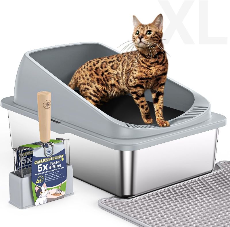 Photo 1 of Stainless Steel Cat Litter Box with Scoop, Metal Litter Box High Sided, Cat Litter Box Enclosure, XL Extra Large High-Sided Litter Boxs (Anti-Urine Leakage, Include Scoop) (Grey)
