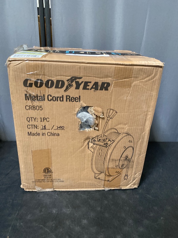 Photo 1 of Goodyear Extension Cord Reel Retractable 12AWG x 50' Feet 3C SJTOW Cable Triple Tap Connector Power Rating 125 Volt AC 13 Amp 1625 Watt Industrial Steel Single Arm
