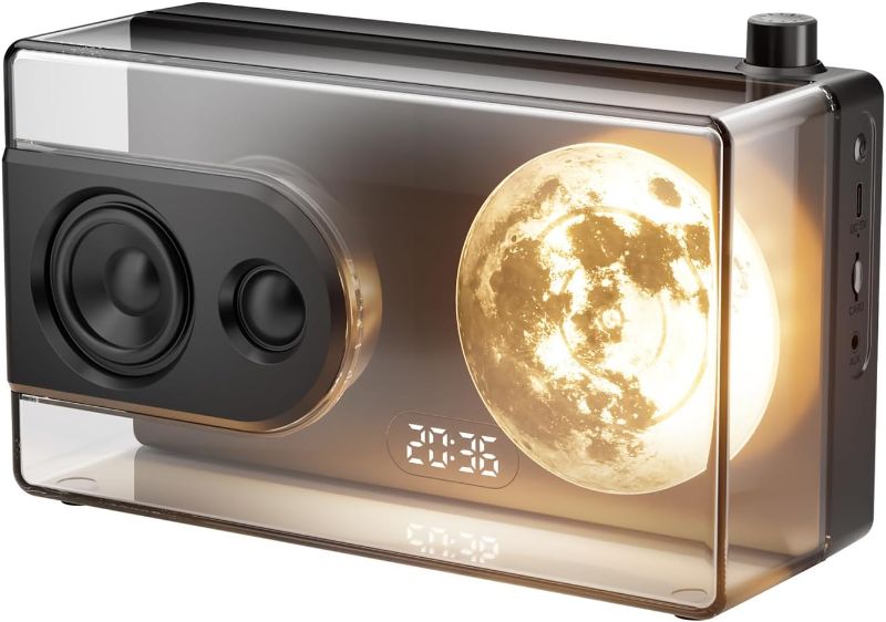 Photo 1 of Portable Bluetooth Speaker, Transparent Wireless Bluetooth Speaker with Moon Night Lights Alarm Clock 13W Loud Sound Deep Bass TWS Pairing TF Card AUX in True Wireless Speaker for Bedroom (Black)