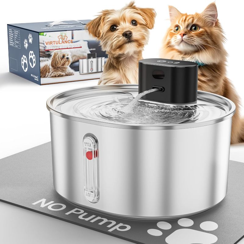 Photo 1 of Virtulance No Pump Cat Water Fountain with 3 Filter - 3.2l/108oz Wireless Stainless Steel Pet Water Fountain, Cordless Automatic Dispenser, Battery Operated Fountain with Motion Sensor, Ultra Quiet