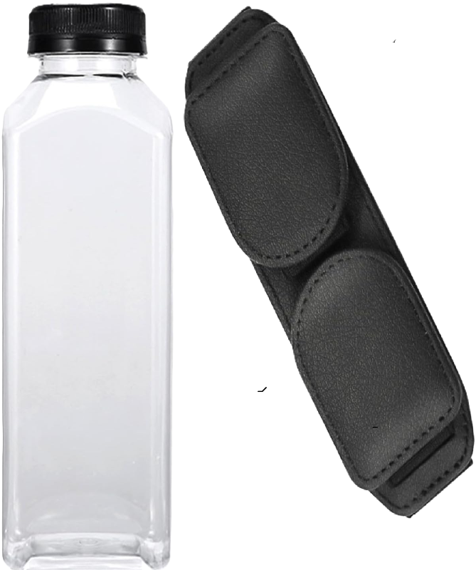 Photo 1 of Magnetic Leather Sunglasses Holder and Ticket Card Clip, Sunglass Holder for Car Visor, Magnetic Leather Glasses Eyeglass Hanger Clip for Car, Sunglass Clips Glasses Holders(Black) + Juice Bottle with Caps, 16.9 oz Leakproof Plastic Juice Bottle