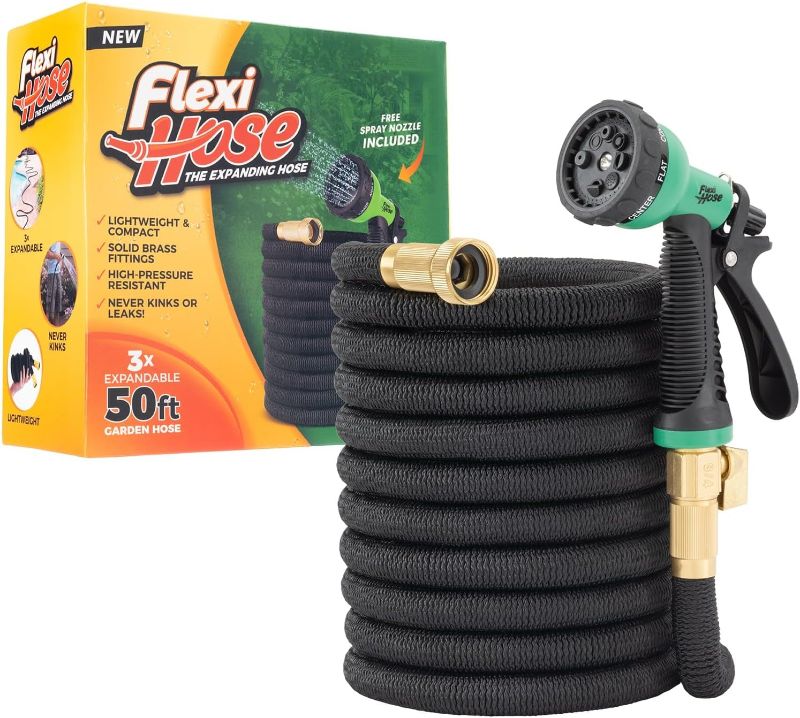 Photo 1 of Flexi Hose with 8 Function Nozzle, 50FT - Lightweight Expandable Garden Hose, No-Kink Flexibility, 3/4 Inch Solid Brass Fittings and Double Latex Core