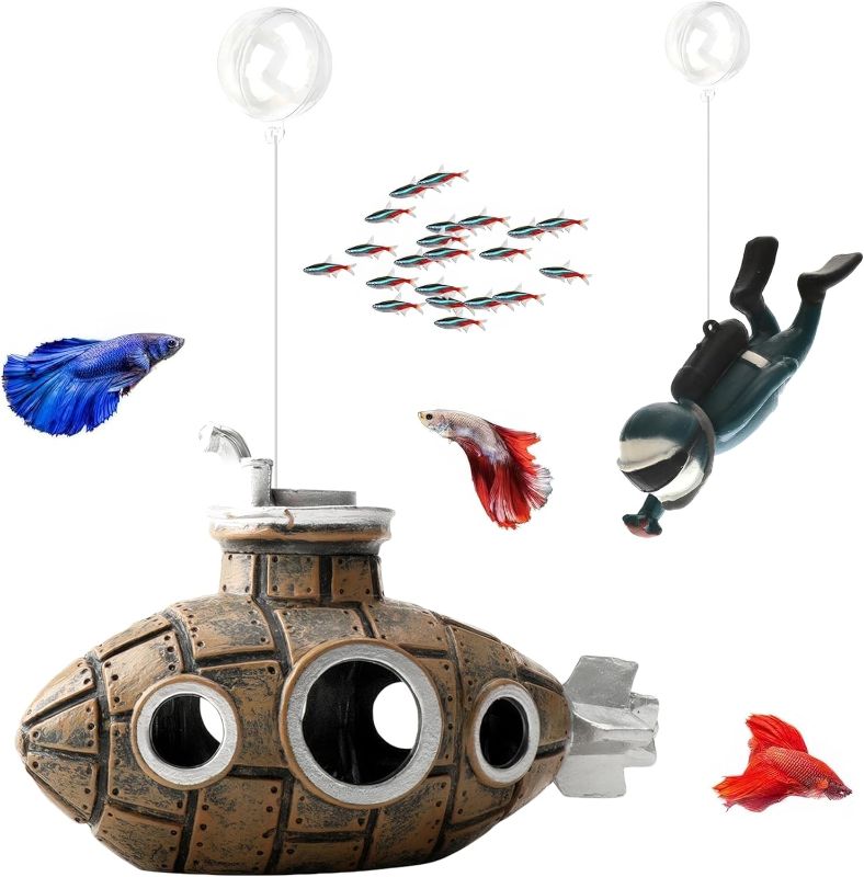Photo 1 of Floating Fish Tank Decoration, LittleCute Retro Submarine AquariumDecoration with Two Float Balls,Resinous Fish Tank Accessories