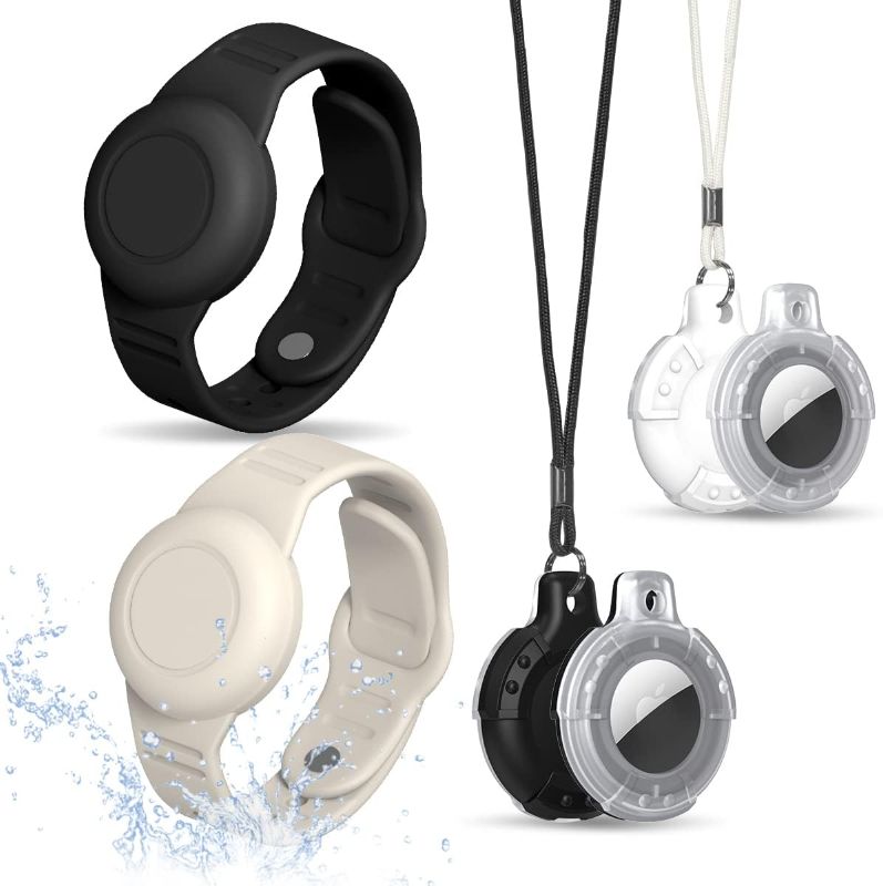 Photo 1 of AirTag Case, Waterproof AirTag Bracelet & Necklace for Kids, Soft Silicone Air Tag Holder with Key Ring (Black+ Beige, White)