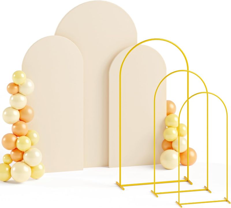 Photo 1 of Arch Backdrop Stand and Cover Set 6&6.6&7.2ft Gold Wedding Arch Stand Beige Arches Cover Balloon Arched Frame Chiara Backdrop Covers for Birthday Party Banquet Ceremony Decoration