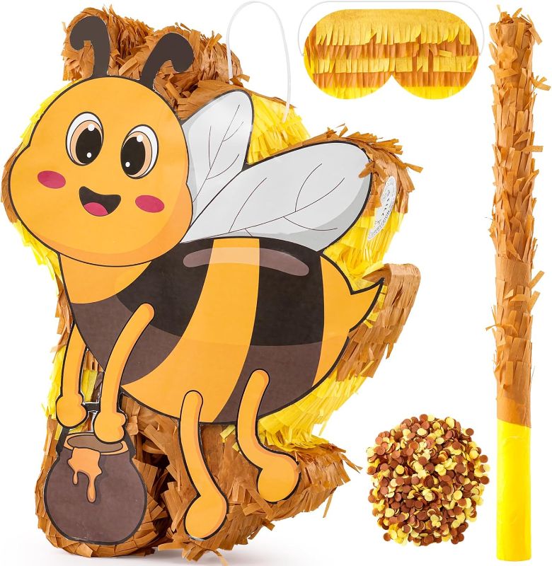 Photo 1 of Bee Piñata Large Kids Bee Piñata with Blindfold Stick Confetti for Bee Themed Party Girl Boy Birthday Party Decoration(15.7×12.5×3.5in)