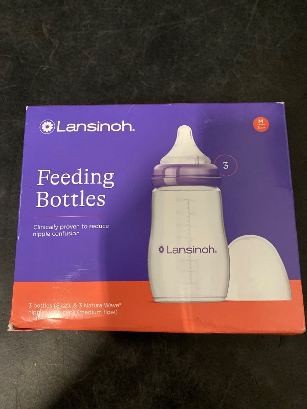Photo 1 of Lansinoh Anti-Colic Baby Bottles for Breastfeeding Babies, 8 Ounces, 3 Count, Includes 3 Medium Flow Nipples, Size M