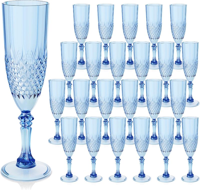 Photo 1 of Plastic Champagne Flutes, 24PCS Blue Wine Glasses Goblets Cups Reusable Flute, for Weddings Bachelor Parties Toasting and Events (24, Blue)