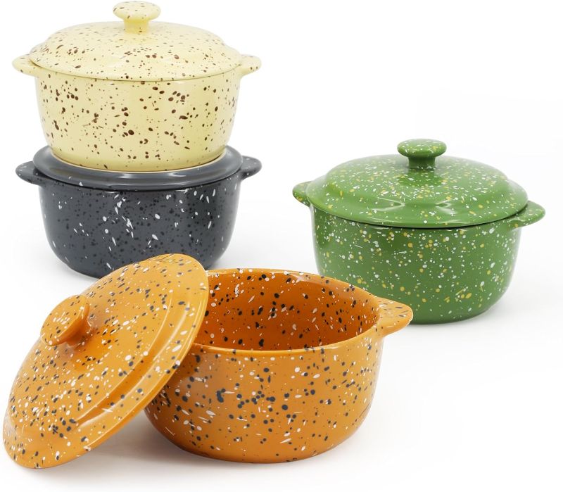 Photo 1 of Ceramic Mini Cocotte Set of 4 for Oven,10 Oz Small Casserole Dishes with Handles and Lid,Individual Serving Pot for Souffle,Soup,Cobbler,Stoneware Baking Ramekins,Assorted Colors