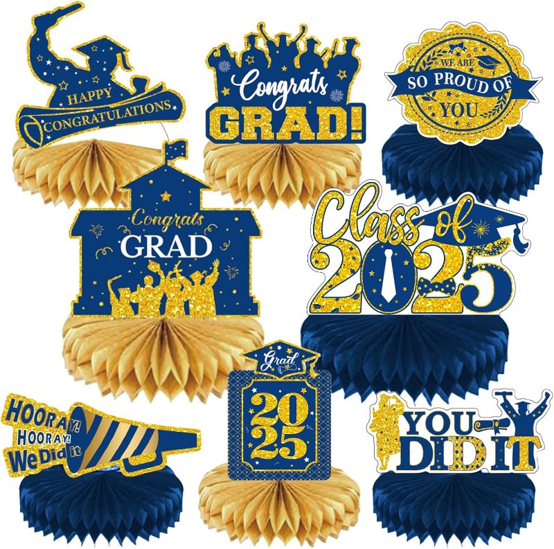 Photo 1 of 2025 Graduation Party Decorations - Blue Gold Class of 2025 Graduation Party Decorations Honeycomb Centerpieces for Tables Congratulate for 2025 Congrats Grad Party Supplies Favors 8 Pcs