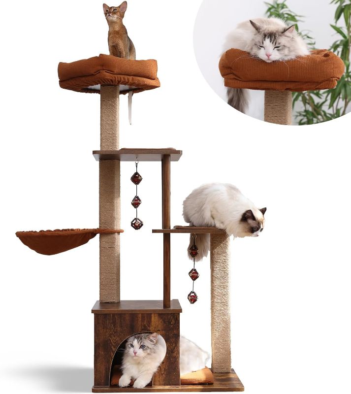 Photo 1 of FUKUMARU Cat Tree, 4 in 1 Large Modern Cats Tower with Jute Scratching Post and Hammock, Wood Cat Condo with silvervine Balls, Brown Cat Climber Stand Playhouse for Indoor Cats, Retro Style