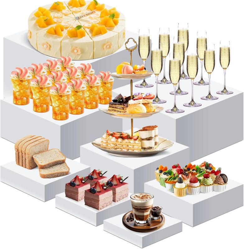 Photo 1 of 8PCS Buffet Risers, Food Risers for Buffet Table, Display Stand for Catering Dessert, White Acrylic Cube Boxes Nesting Risers for Cupcake Candy Food, Parties, Brunch (10'',9'',8'',7",6.5",6",5.5",5")